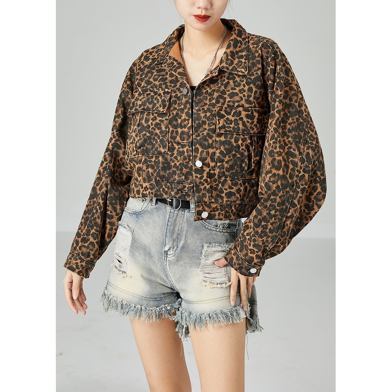 Fashion Coffee Peter Pan Collar Leopard Print Pockets Cotton Coats Spring