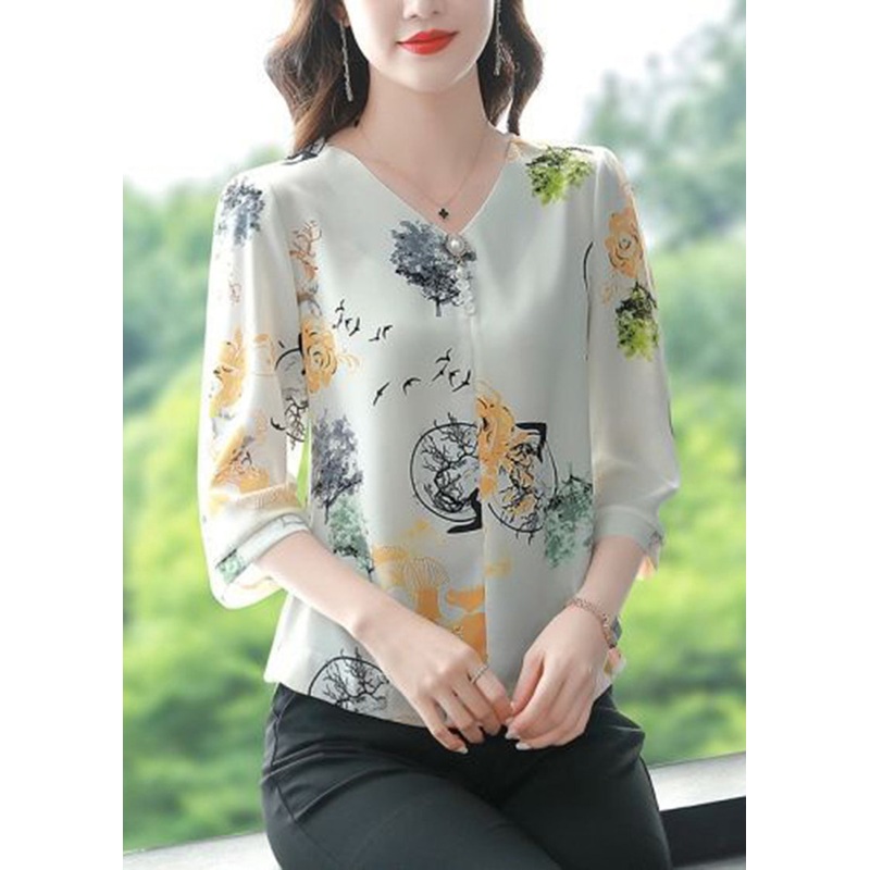 Fashion White V Neck Yellow Flower Print Chiffon Shirts Bracelet Sleeve