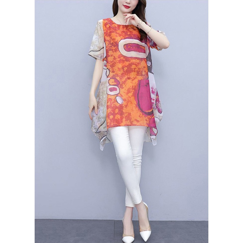 Fitted Orange Oversized Print Cotton Shirt Top Summer