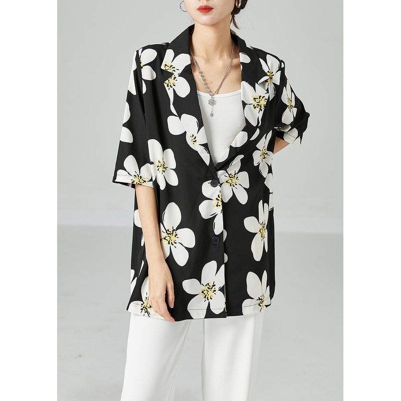 French Black Peter Pan Collar Print Silk Blouses Short Sleeve