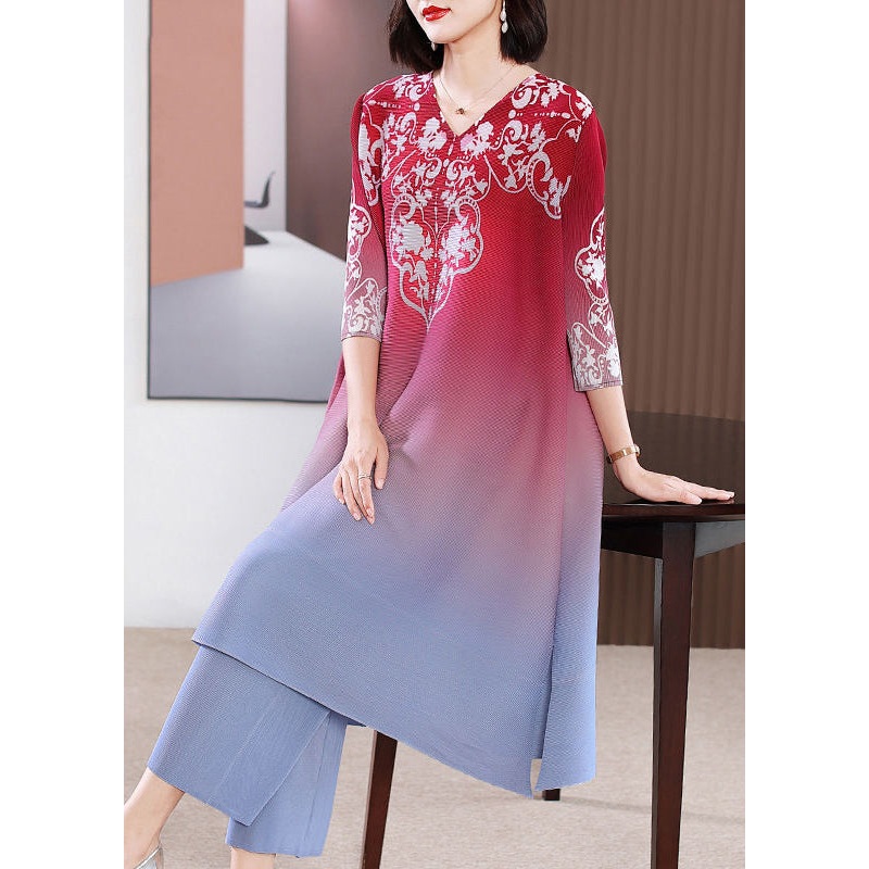 French Red V Neck Print Gradient Color A Line Dress Two Pieces Set Summer