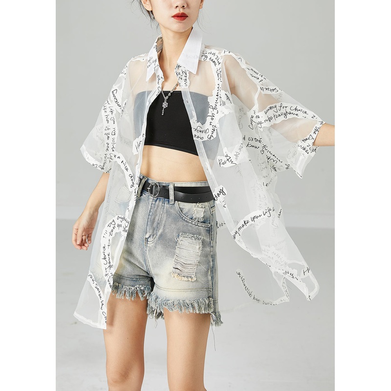 French White Oversized Letter Print Tulle UPF 50+ Coat Jacket Summer