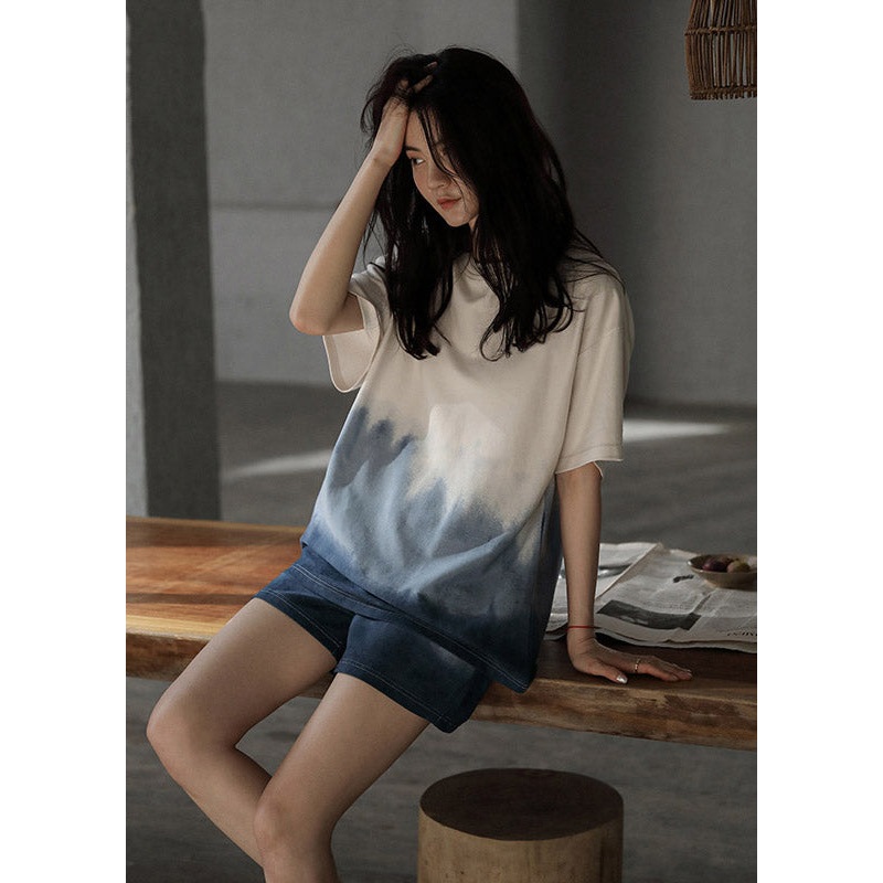 Gradient Color Blue O-Neck Print Cotton Pajamas Two Pieces Set Summer