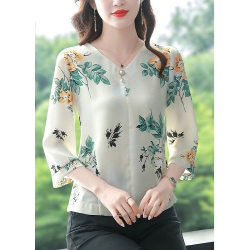 Green Leaf Print Chiffon Shirts V Neck Nail Bead Bracelet Sleeve
