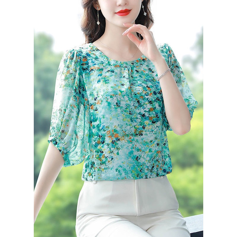 Green Print Chiffon Blouses O-Neck Oversized Summer