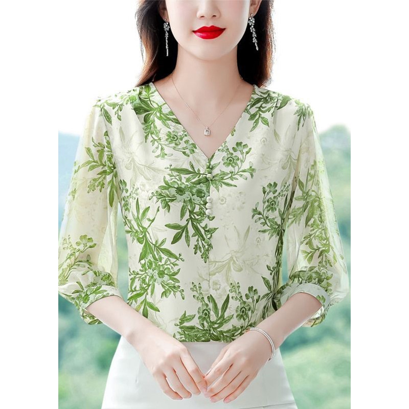 Green Print Chiffon Shirt Top V Neck Button Half Sleeve