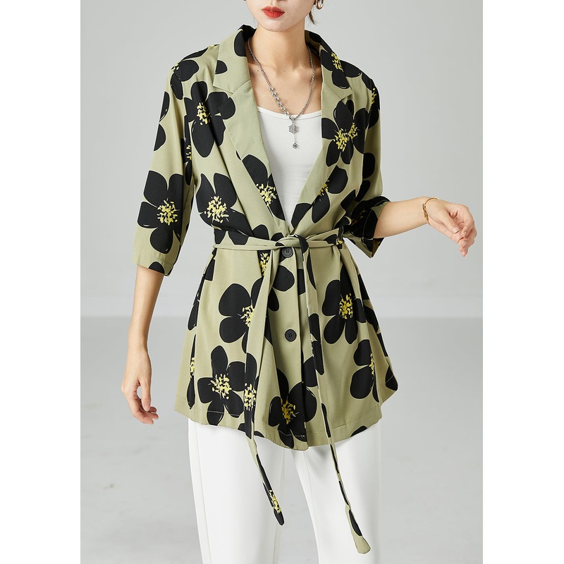 Green Print Silk Shirts Oversized Turn-down Collar Short Sleeve