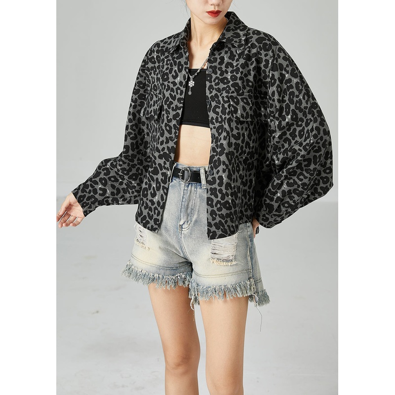 Grey Leopard Print Cotton Coats Peter Pan Collar Pocket Batwing Sleeve