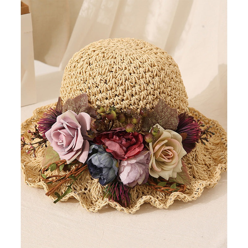 Handmade Beige Ruffled Straw Woven Floral Holiday Bucket Hat
