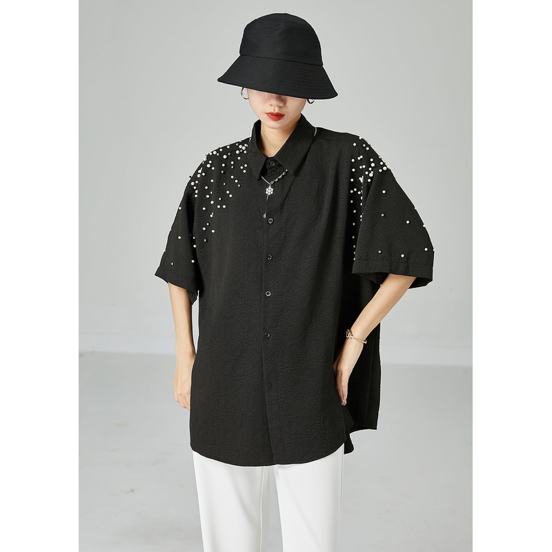 Handmade Black Oversized Nail Bead Jacquard Cotton Blouses Short Sleeve