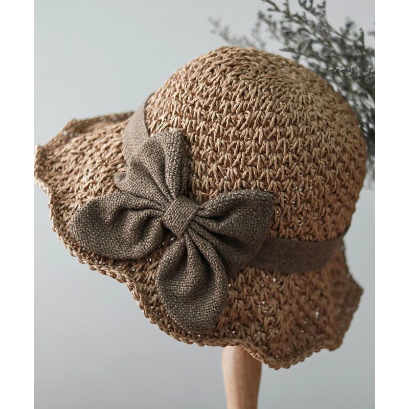 Handmade Khaki Bow Straw Woven Bucket Hat