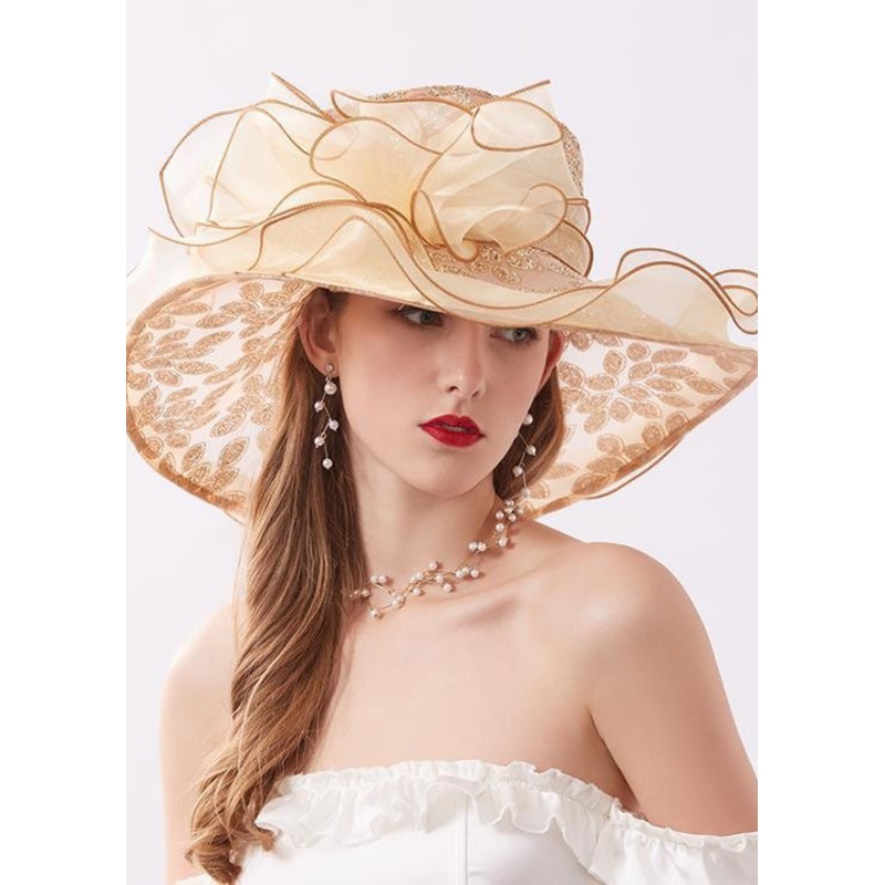 Handmade Khaki Zircon Chiffon Patchwork Floral Tulle Floppy Sun Hat