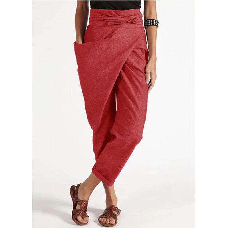 Handmade Red asymmetrical design High Waist Cotton Harem Summer Pants