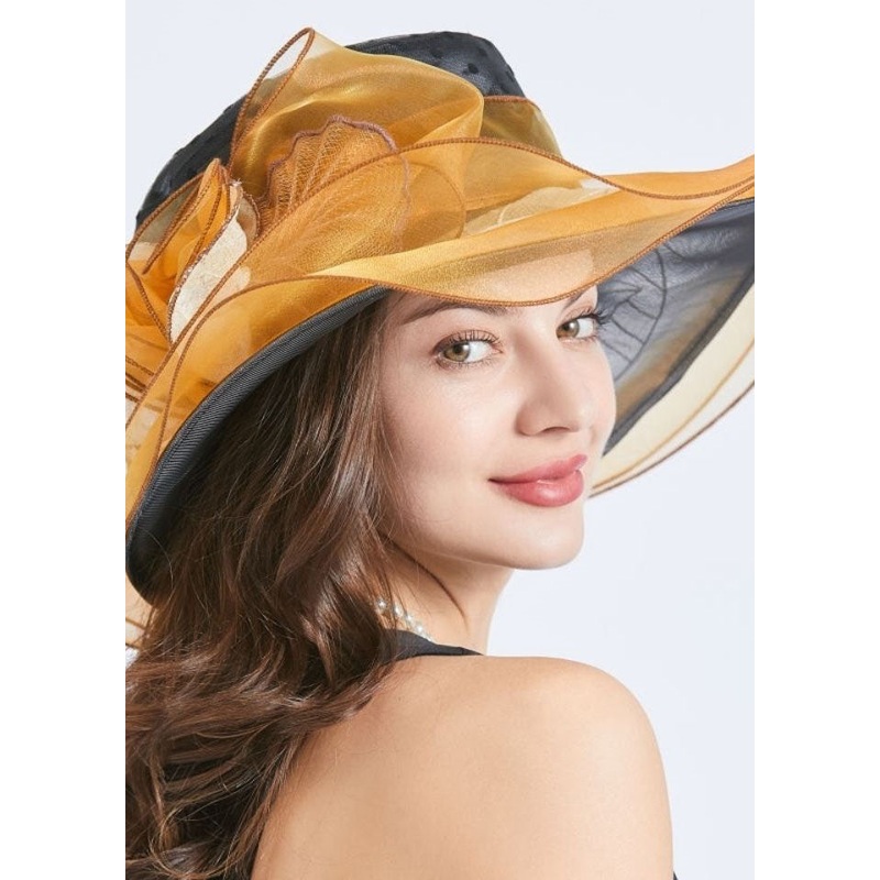 Handmade Yellow Floral Decorated Ruffles Tulle Floppy Sun Hat