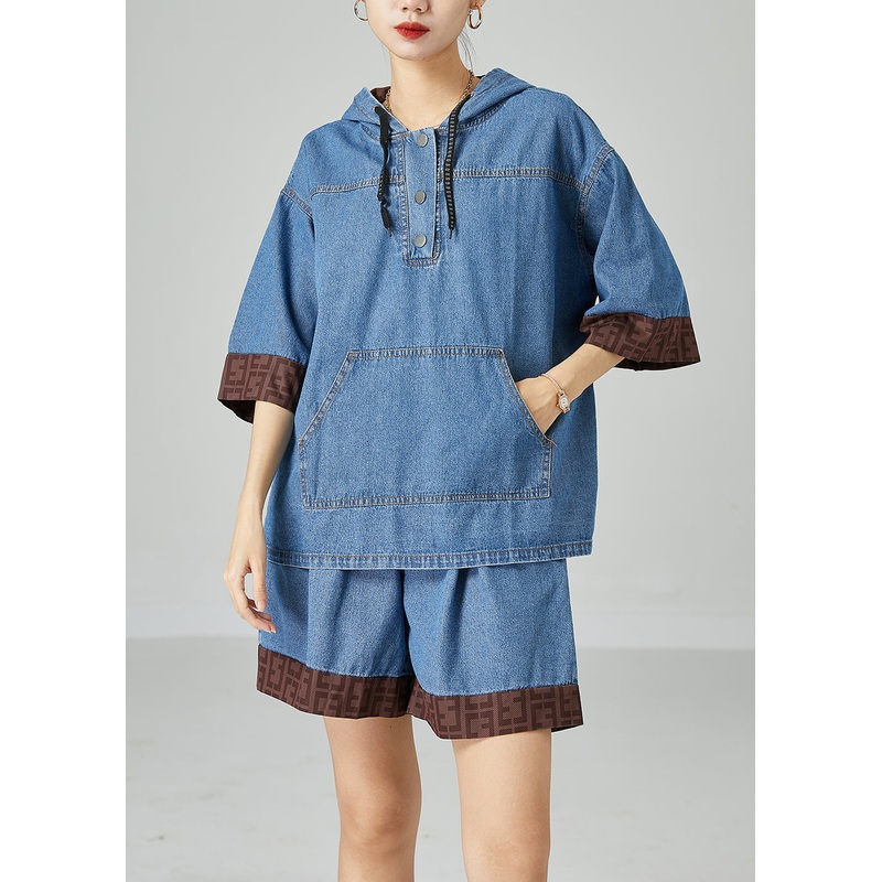 Italian Blue Hooded Patchwork Denim Two Pieces Set Summer