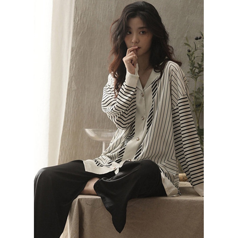 Italian Peter Pan Collar Striped Patchwork Ice Silk Pajamas Two Piece Set Spring