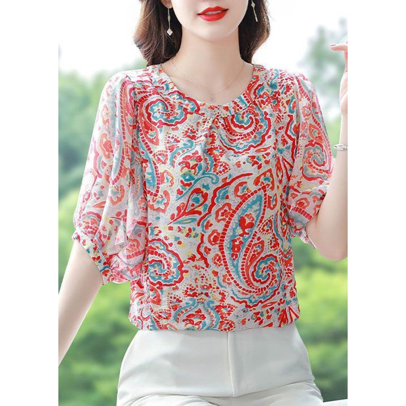 Italian Pink O-Neck Print Draping Chiffon Tops Summer