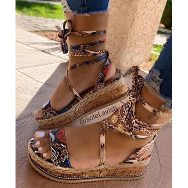 Khaki Peep Toe Faux Leather Splicing Lace Up Platform Sandals