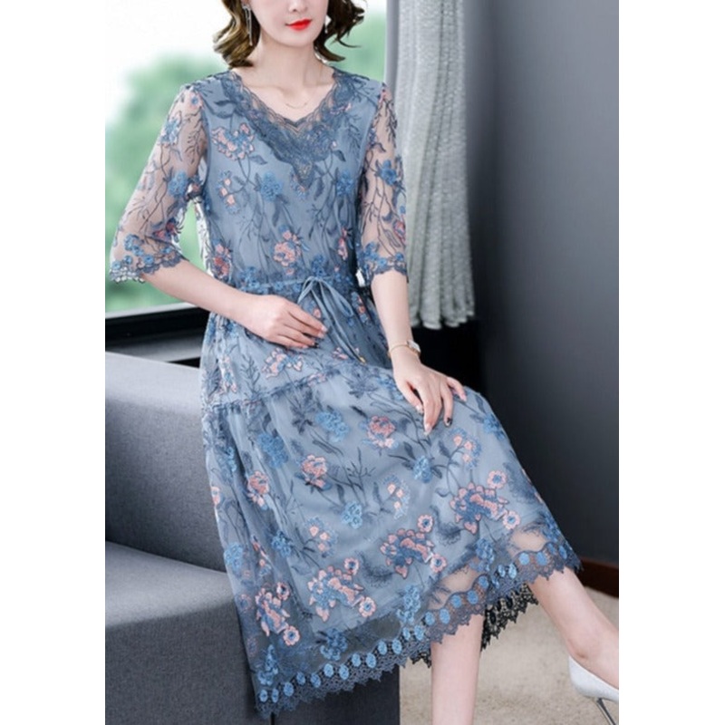 Loose Casual Embroidery Silk Floral V-Neck Midi Dress