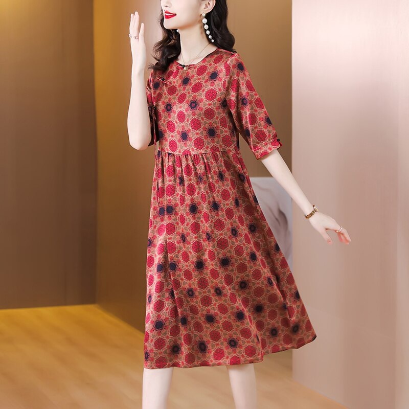 Loose Round Neck Silk Midi Robe Dress