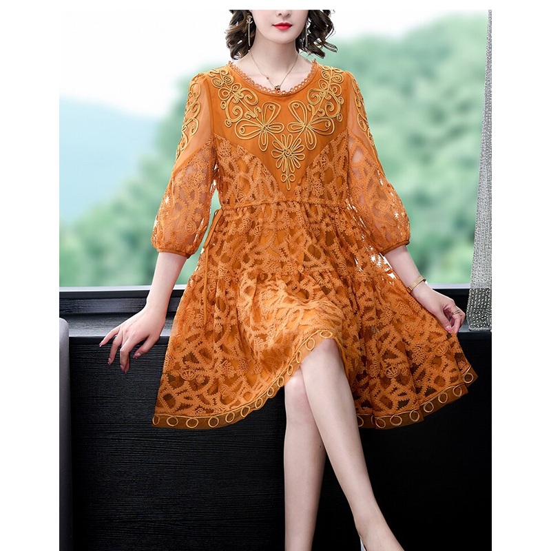 Loose Tight Printed Pink Embroidered Silk Dress