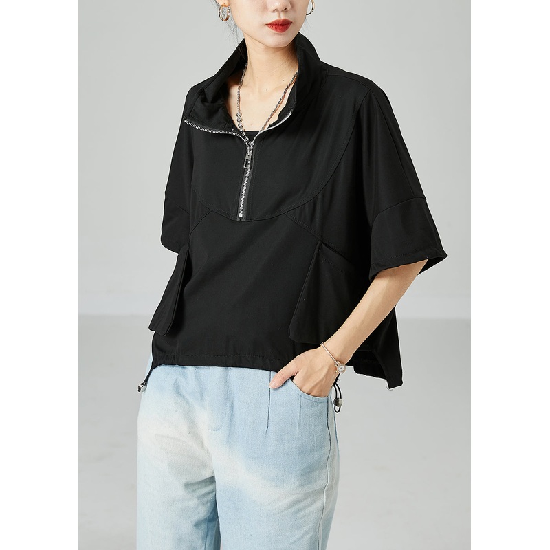 Modern Black Stand Collar Zip Up Cotton Tank Summer