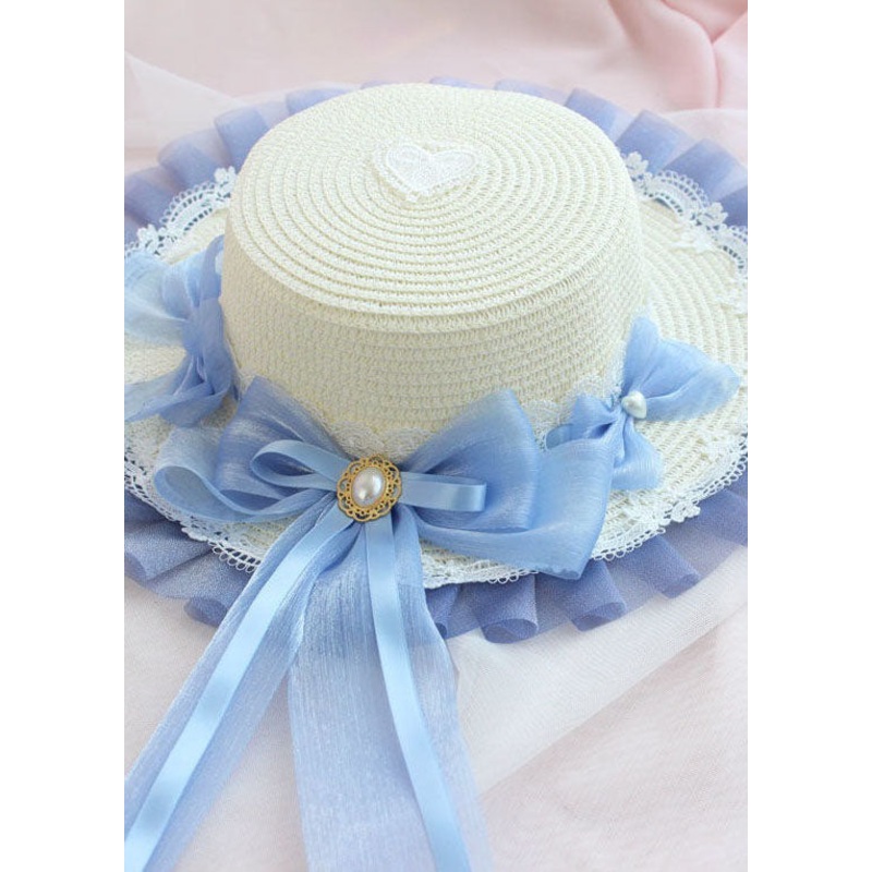 Modern Blue Bow Lace Patchwork Straw Woven Floppy Sun Hat