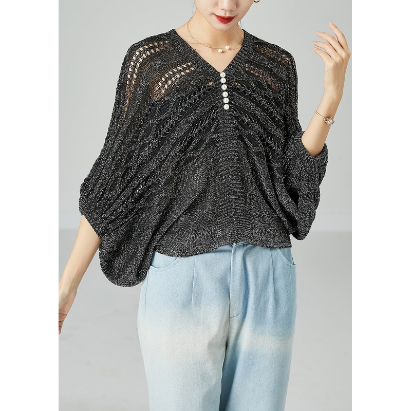 Modern Grey Oversized Hollow Out Knit Tops Batwing Sleeve