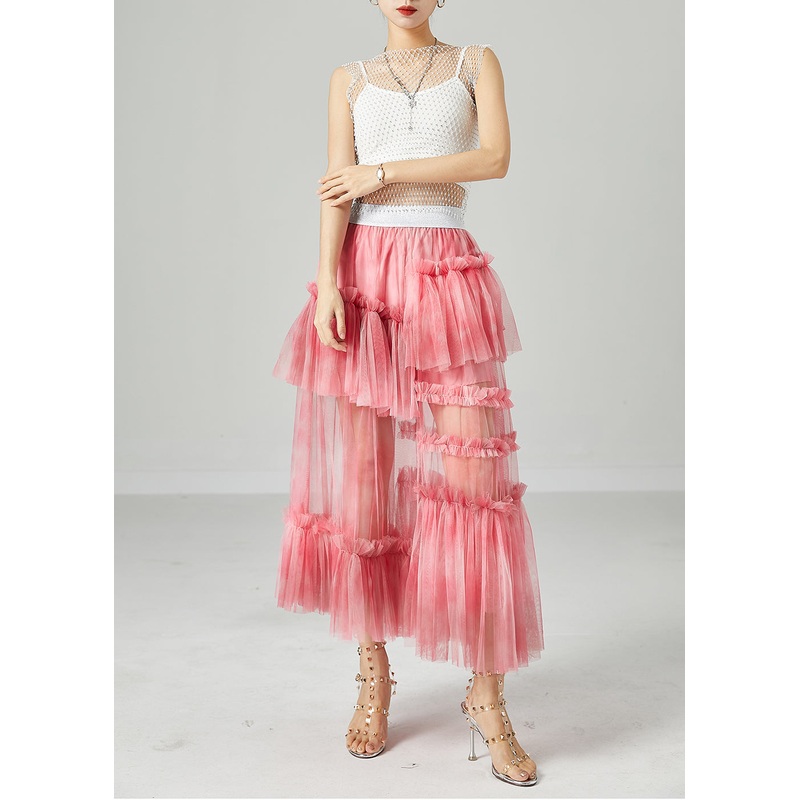 Modern Pink Elastic Waist Patchwork Hollow Out Tulle Skirt Summer