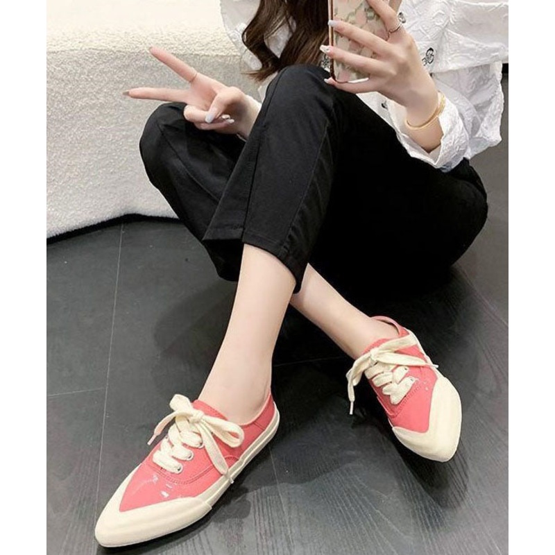 Pink Faux Leather Flat Shoes For Women Lace Up Splicing Pointed Toe