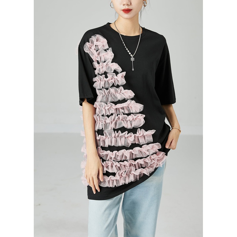 Plus Size Black Oversized Patchwork Ruffled Cotton Top Summer