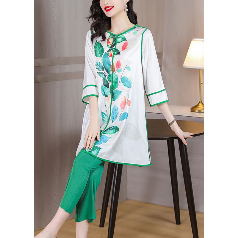 Plus Size Green O-Neck Patchwork Print Silk Two Pieces Set Summer