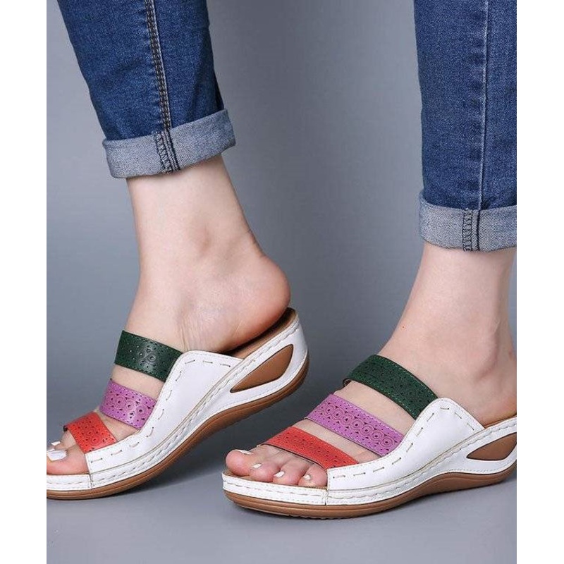 Plus Size White Slide Sandals Wedge Faux Leather Simple Splicing