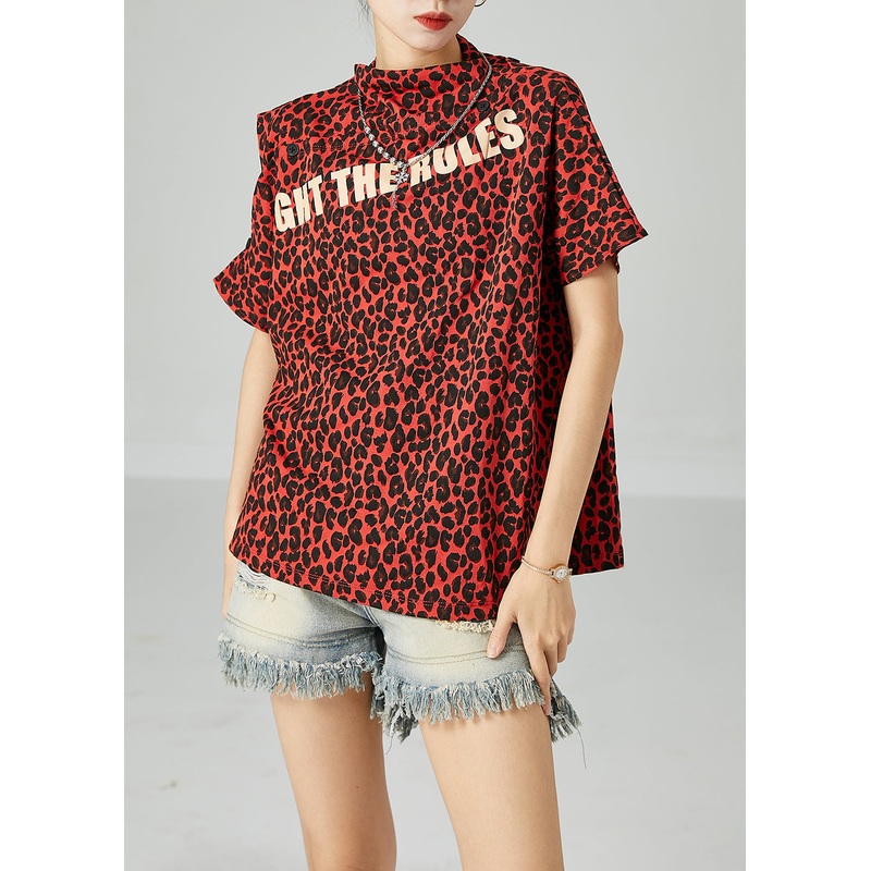 Red Leopard Print Cotton Tanks Stand Collar Cold Shoulder Summer