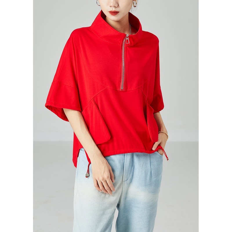 Red Patchwork Cotton Tanks Oversized Side Open Summer