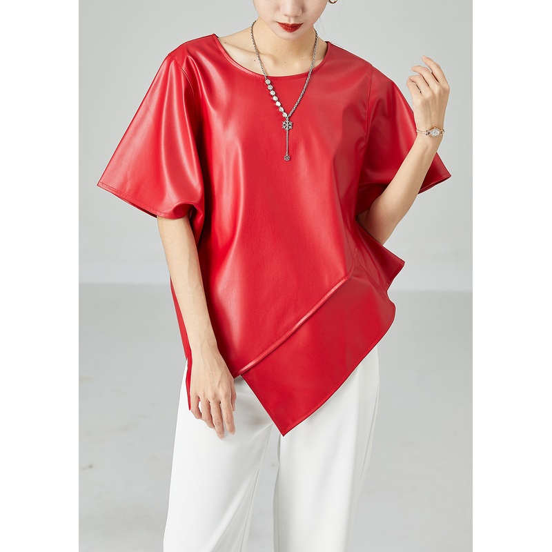 Red Patchwork Leather Tanks Asymmetrical Design Short Sleeve