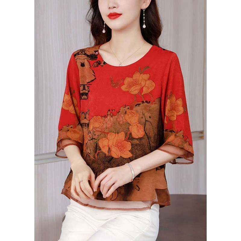 Red Patchwork Silk Blouse Top O-Neck Print Half Sleeve