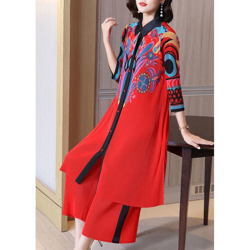 Red Patchwork Two Pieces Set Peter Pan Collar Side Open Summer
