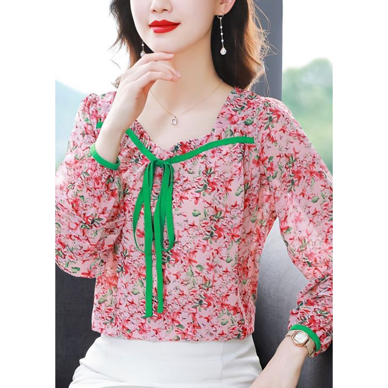 Red Print Chiffon Shirt Top Square Collar Oversized Summer