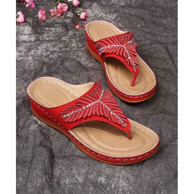 Red Wedge Faux Leather Soft Splicing Zircon Flip Flops Sandals
