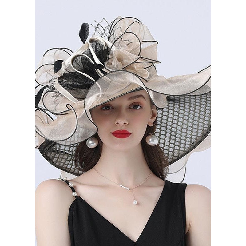 Retro Apricot Floral Decoration Mesh Tulle Floppy Sun Hat