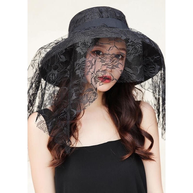Retro Black Lace Patchwork Straw Woven Floppy Sun Hat