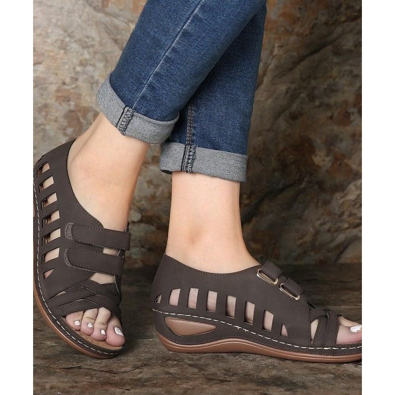 Retro Coffee Hollow Out Splicing Peep Toe Sandals Faux Leather