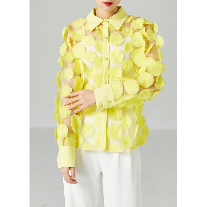 Simple Yellow Peter Pan Collar Hollow Out Tulle Blouse Tops Summer