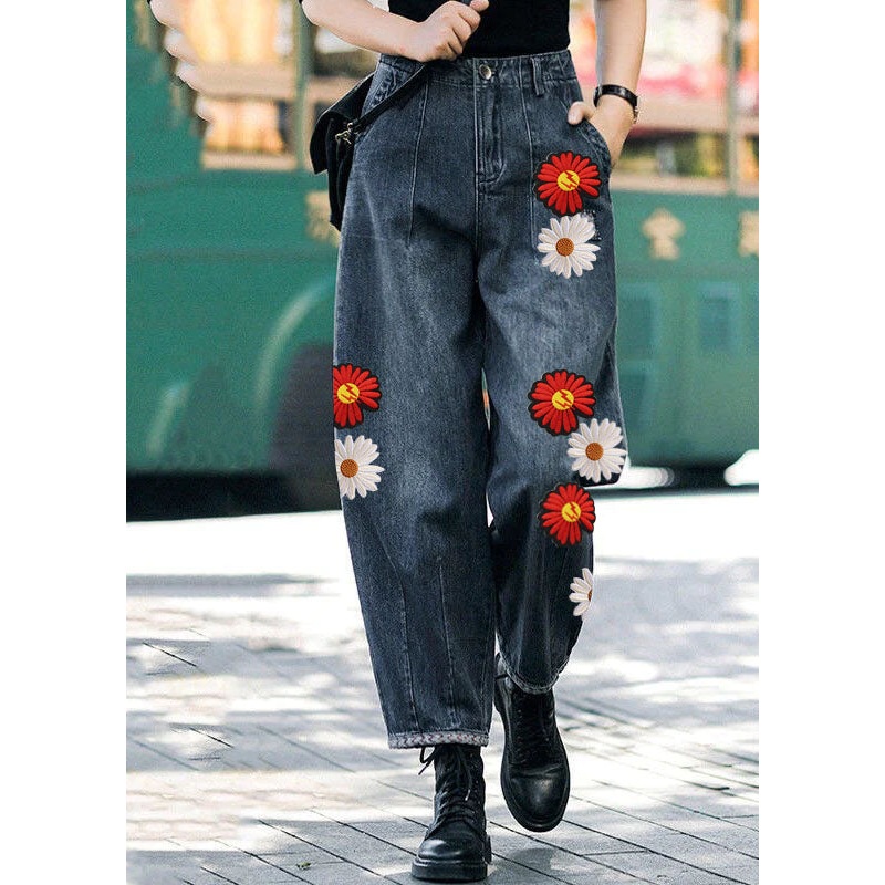 Style Navy-Floral High Waist Pockets Harem Casual Fall Denim Pants