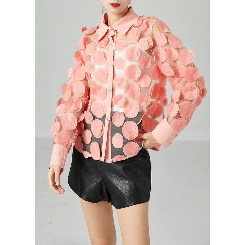 Style Pink Peter Pan Collar Hollow Out Tulle Shirts Summer