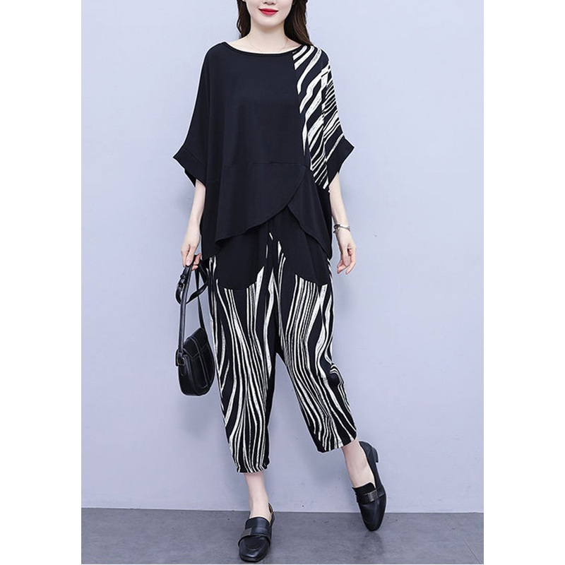 Stylish Black Asymmetrical Patchwork Striped Cotton Two Pieces Set Batwing Sleeve