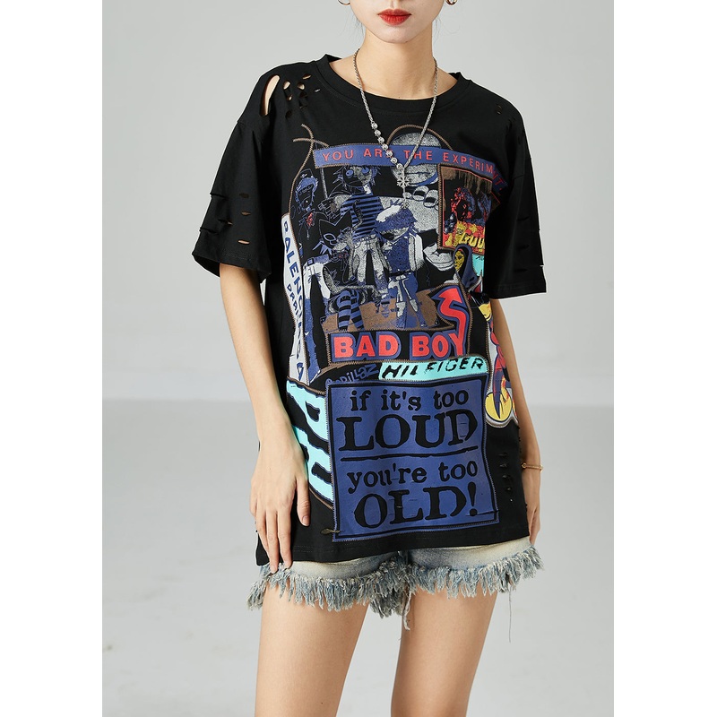 Stylish Black Oversized Hollow Out Print Cotton Tank Tops Summer