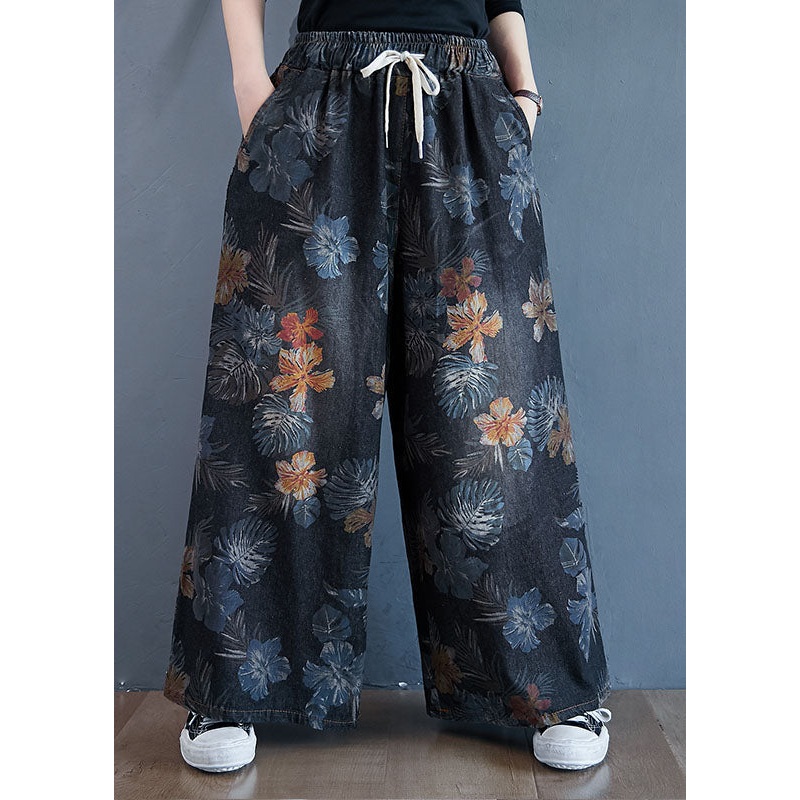 Stylish Black Oversized Print Cotton Denim Straight Pants