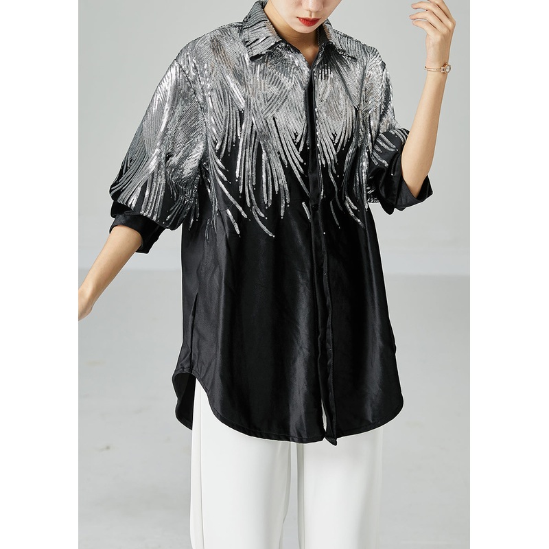 Stylish Black Oversized Sequins Spandex Coats Spring